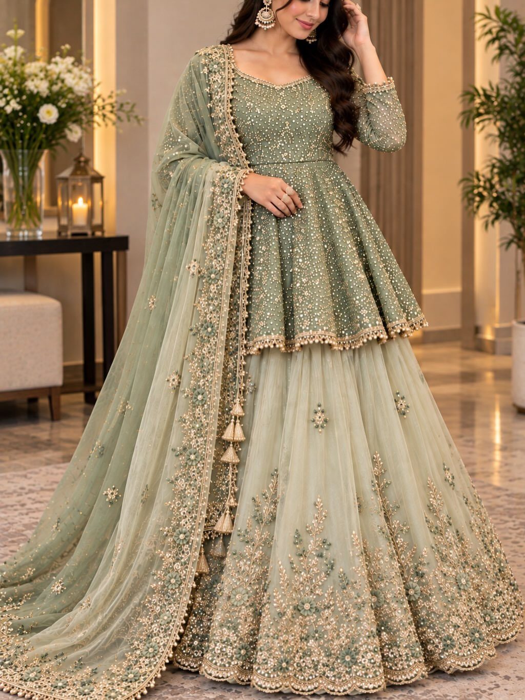 Woman wearing an intricately embroidered sage green lehenga choli with a sheer dupatta.