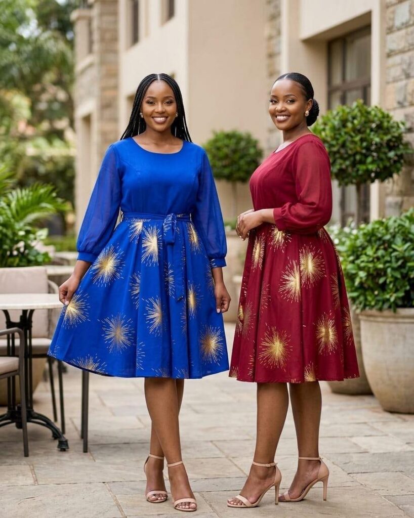 Two women posing in elegant blue and maroon starburst patterned dresses.