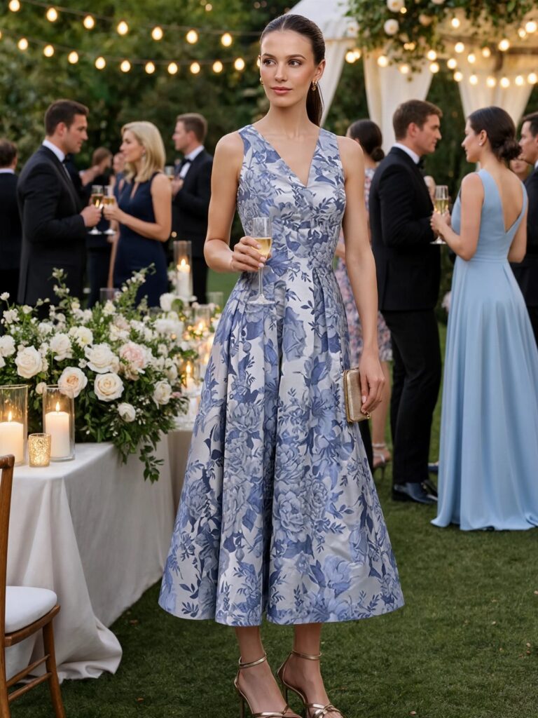 Woman in a blue floral tea-length dress holding champagne at an outdoor evening wedding reception.