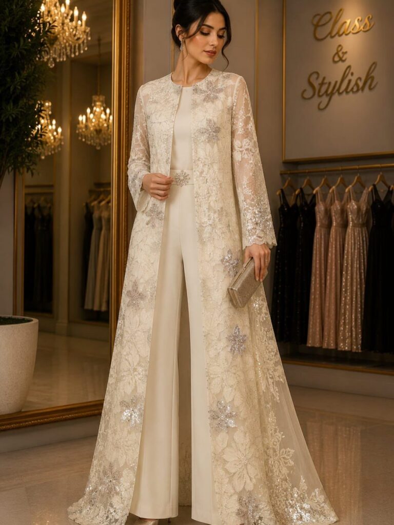 Woman in cream tailored jumpsuit and long lace floral embroidered jacket holding a silver clutch.