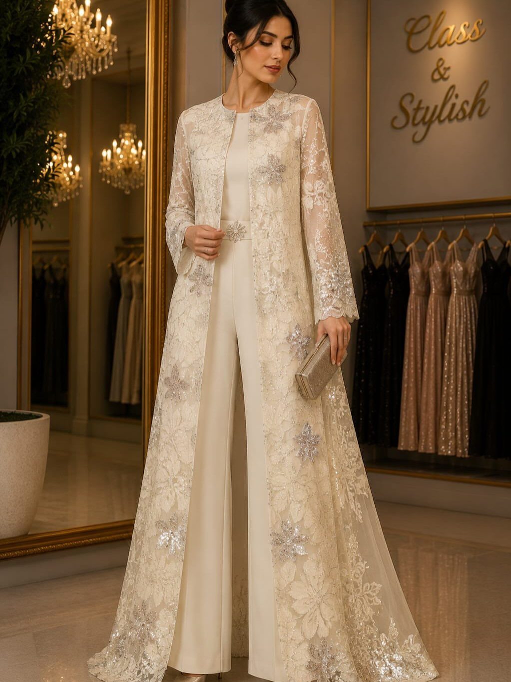 Woman in cream tailored jumpsuit and long lace floral embroidered jacket holding a silver clutch.