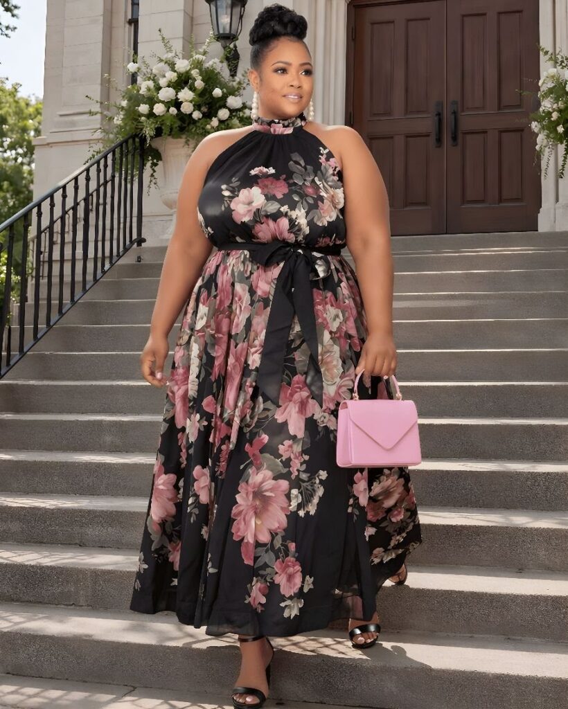 A woman in a black floral halter neck maxi dress walking down stone stairs.