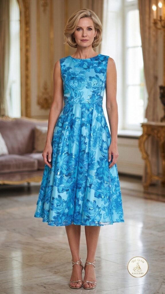 A blonde woman posing in a bright blue floral sleeveless A-line midi dress and silver sandals.