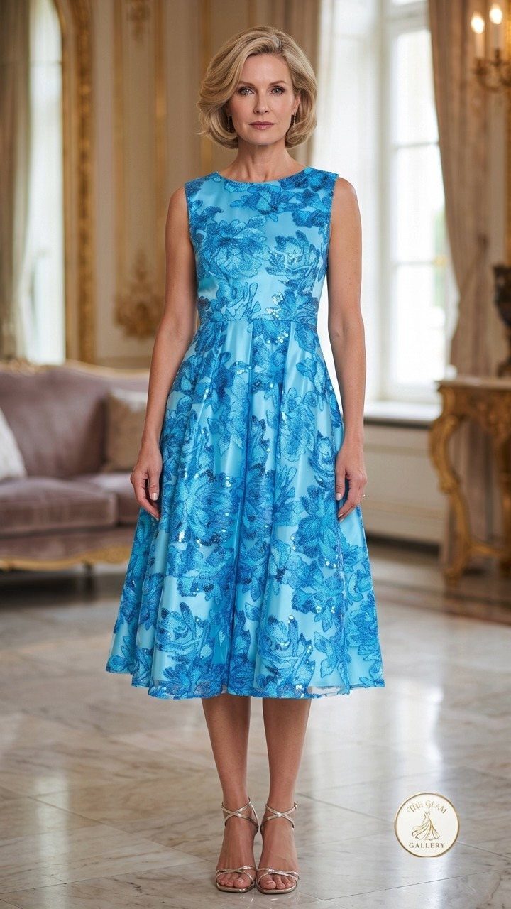 A blonde woman posing in a bright blue floral sleeveless A-line midi dress and silver sandals.