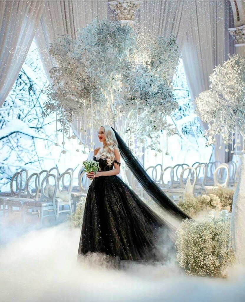 A woman in a sparkling black ballgown and long veil stands amidst white frosted trees.